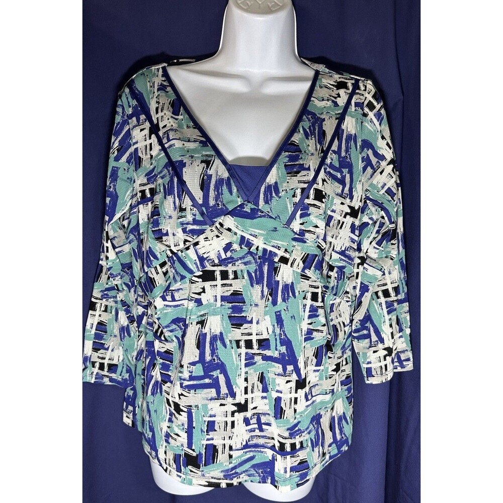 Emma James Blue White Pleated Beaded Necklace 3/4 Sleeve Blouse Top Size XL